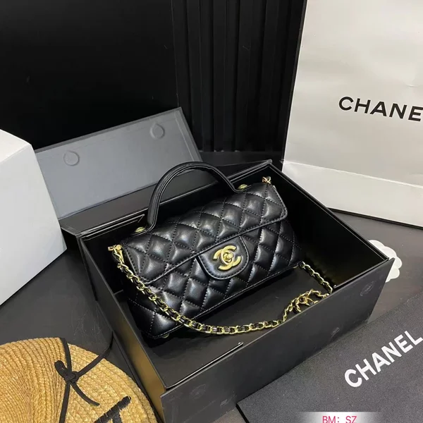CHANEL, 羊の皮 ハンドバッグ，片肩 クロスオーバー バッグ，女性用 ブラックバッグ，ポータブル エレガントバッグ，クロスオーバー ファッション，羊の皮 高級バッグ